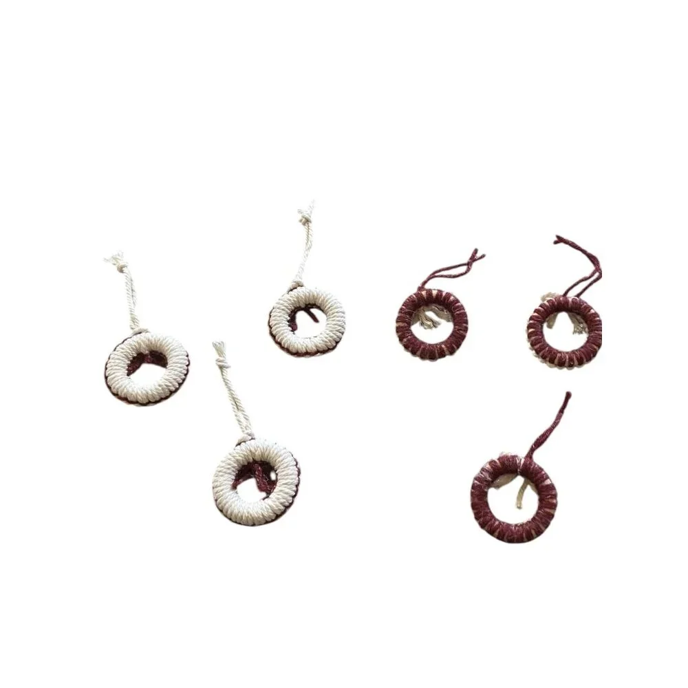 Handmade 6 pack of wool yarn wreath ornaments Burgundy/Cream Holiday Christmas